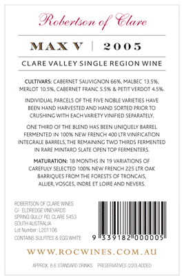 MAX V wine back label